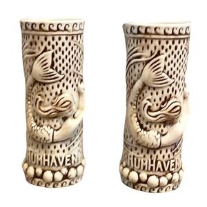 Pair Of Tiki Rob Ceramic‎ Glazed Rumhaven Mermaid Pottery Vase